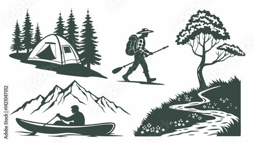 Black and White Outdoor Vector Graphics Camping Hiking Canoeing Mountains Forest Path