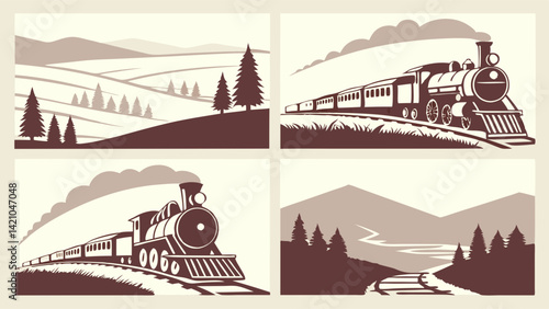 Vintage Sepia Steam Train Countryside Landscape Art