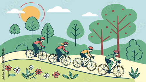 Group of People Cycling Sunny Green Park Vector Illustration