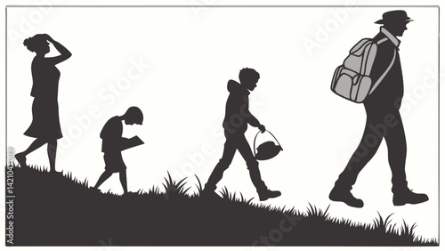 Family Walking Uphill Silhouette Life Stages Vector Graphic