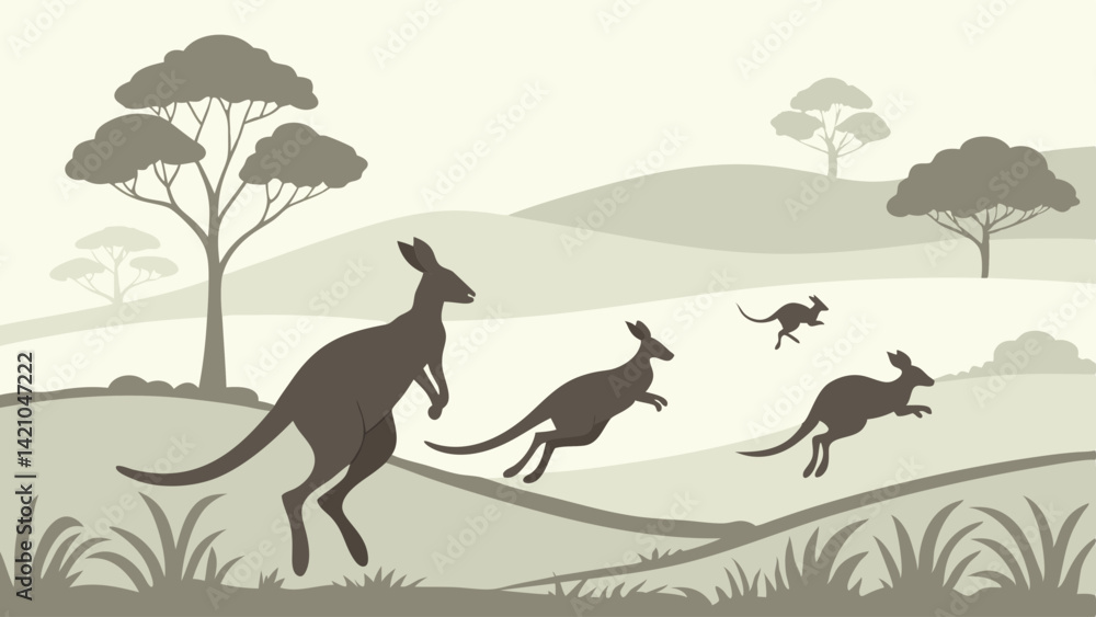 Kangaroos Jumping Silhouette Vector Artwork Australian Wildlife Landscape Kangaroos Jumping Silhouette Vector Artwork Australian Wildlife Landscape