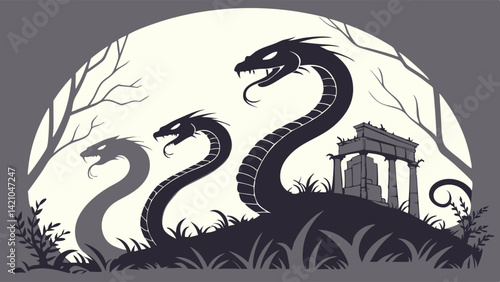 Stylized Fantasy Art Mythological Serpents Dragons Ruins