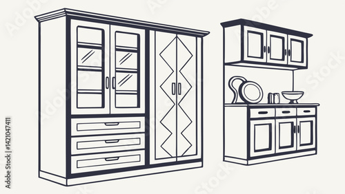 Classic Style Storage Cabinet Kitchen Furniture Glass Doors Drawers