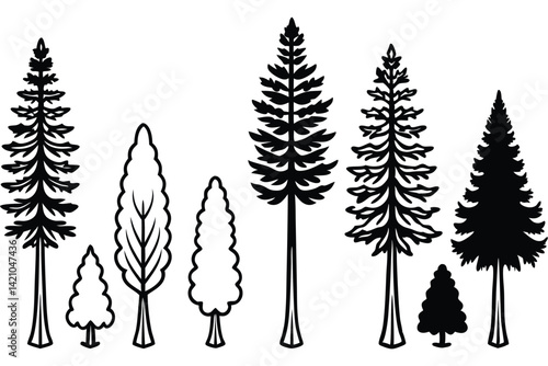 Different Sequoia Tree Silhouettes on White Background