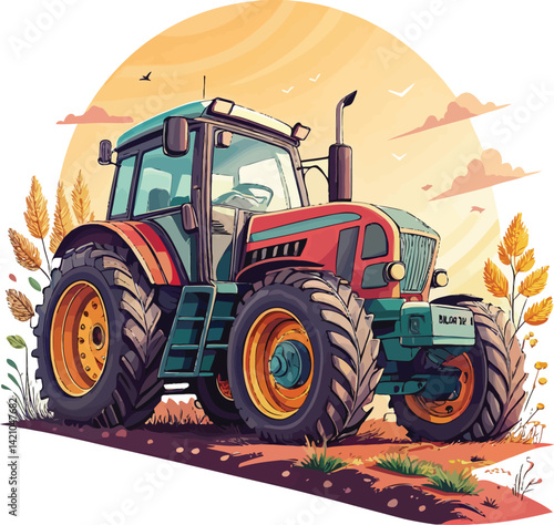 Modern Agricultural Tractor with Plow – Vector Art