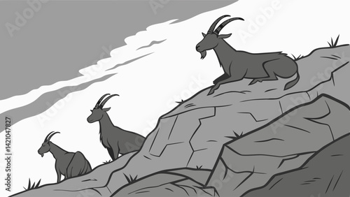 Mountain Goats on Rocky Hillside Black and White Illustration