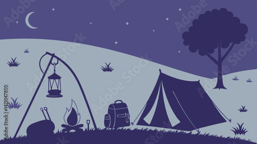 Night Camping Scene Vector: Tent, Campfire, Lantern, Backpack, Outdoors Illustration