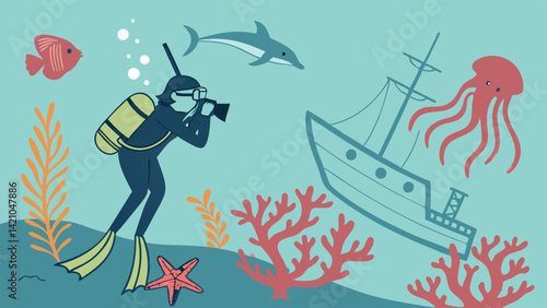 Cartoon Scuba Diver Underwater Shipwreck Dolphin Jellyfish Starfish Coral