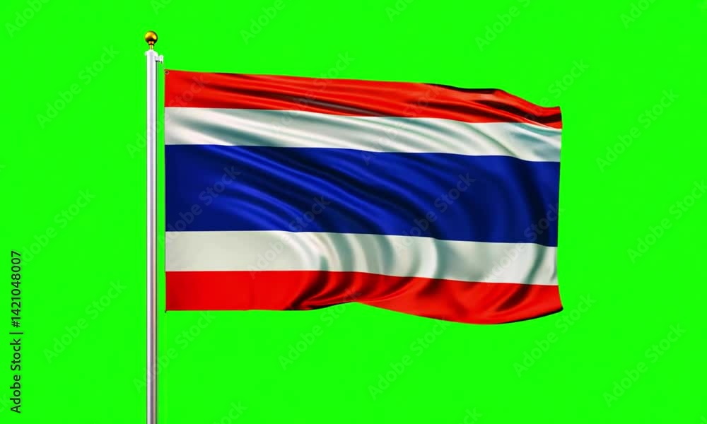 Thai flag waving proudly on green screen representing Thailand�s national identity, pride, and heritage. 4k high resolution video