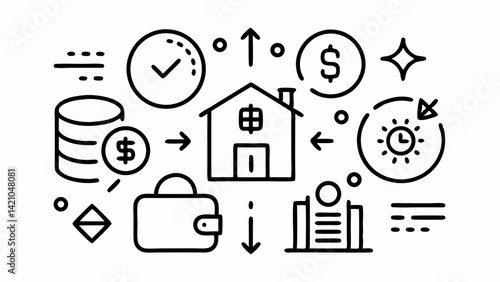 Loan line icons set offering editable vector illustrations symbolizing banking, credit, debt management, financial planning, mortgage, investment, and borrowing tools.