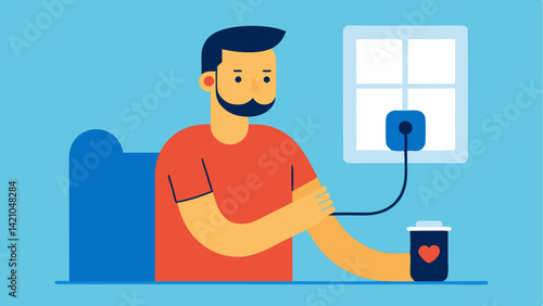 Editable vector illustration of a man monitoring blood pressure, promoting hypertension awareness, cardiovascular health, and regular health checks in a visual format.