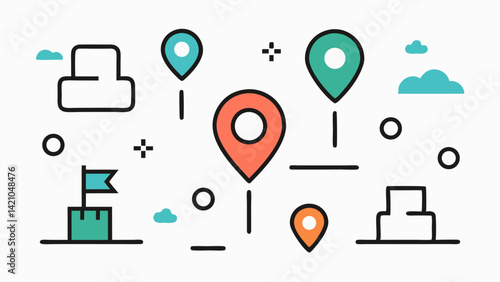 Line style map and location editable icons including pins, directions, global positioning elements, navigation tools, and city planning inspired vector illustrations.
