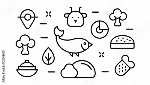 Meat and seafood editable line icons set featuring culinary visuals like fish, steak, shrimp, kitchen tools, nutrition labels, and protein food ingredients.