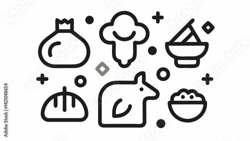 Editable line icons for meat and seafood with visuals of marine food, cooking tools, butcher shop items, healthy eating, and restaurant-style illustrations.