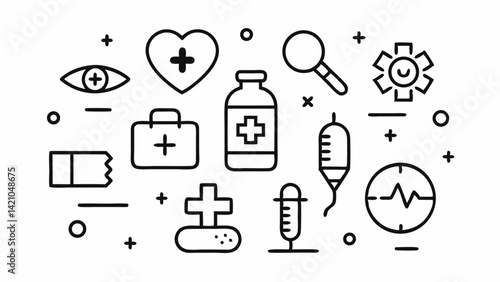 Medical line editable icon set showcasing healthcare visuals like stethoscopes, pills, first aid kits, medical reports, hospitals, and wellness symbols.