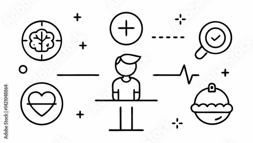 Vector illustrations of editable line mental health icons covering emotional support, counseling, therapy, mental fitness, mindfulness, and psychological care visuals.