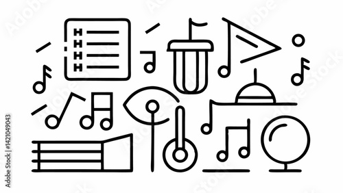 Vector icon set of music school themes with editable illustrations of instruments, music theory, learning symbols, musical notes, and school music class visuals.