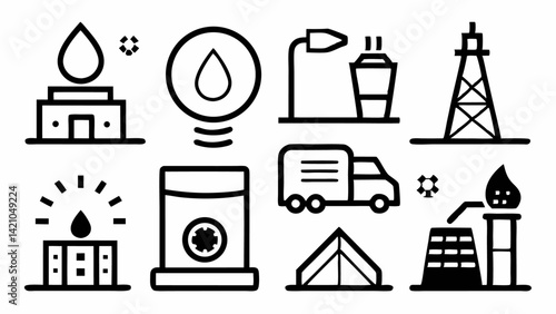 Editable vector icons related to the oil and gas sector designed in a clear line style including exploration, refining, and energy distribution illustrations