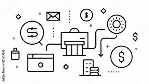 Line art editable icon set representing online money transfer systems including payment methods, digital wallets, and secure transaction visuals for fintech platforms