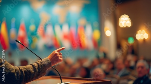 A speaker engages an audience with passion, highlighting key points in a professional setting adorned with international flags.