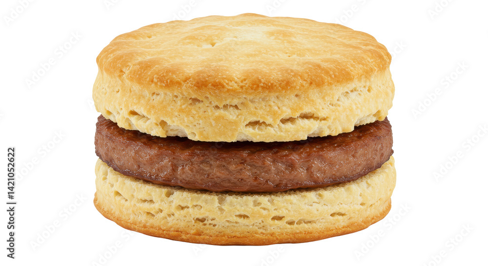 Close up shot of a sausage biscuit with a golden brown biscuit and a sausage patty in the middle Close up shot of a sausage biscuit with a golden brown biscuit and a sausage patty in the middle