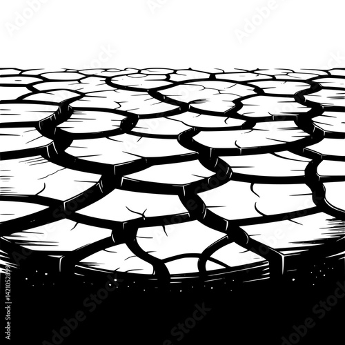 Monochrome Cracked Earth Illustration: Drought, Aridity, Desolation, Perspective