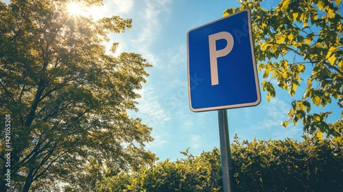 Fototapeta Naklejka Na Ścianę i Meble -  Parking sign in a park. Sunny day with trees and bushes