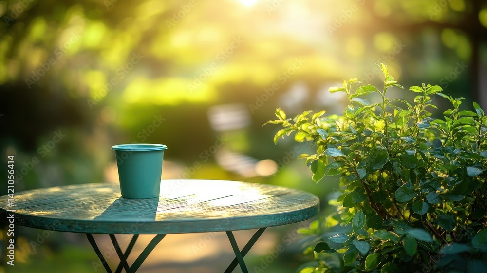 Green cup sits on a small table in sunlit garden, soft focus background. Ideal for peaceful morning coffee, outdoor relaxation, nature connection.