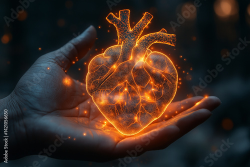Hand holding virtual hologram heart shape with cardiogram. Concept of heart disease awareness campaign, cardiovascular health, stroke prevention, hypertension (high blood pressure) for heart disease