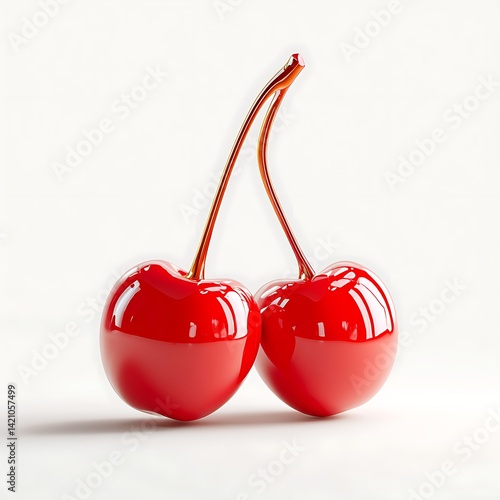 Two glossy red cherries on white background