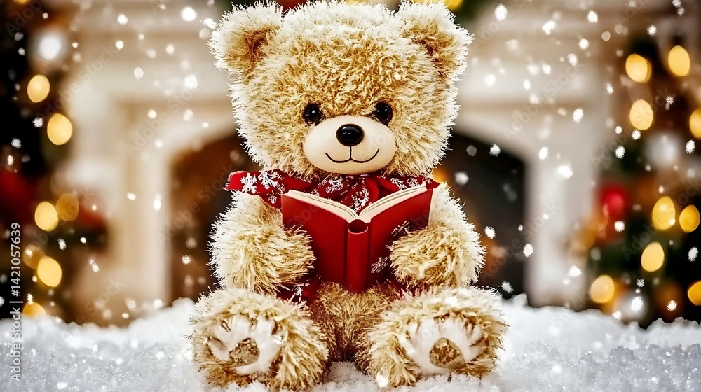 Christmas teddy bear reading a book in the snow. Christmas teddy bear reading a book in the snow.