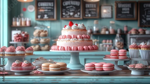 Wallpaper Mural Beautiful pastel dessert display featuring a large cake and various pastries in a cozy caf? Torontodigital.ca