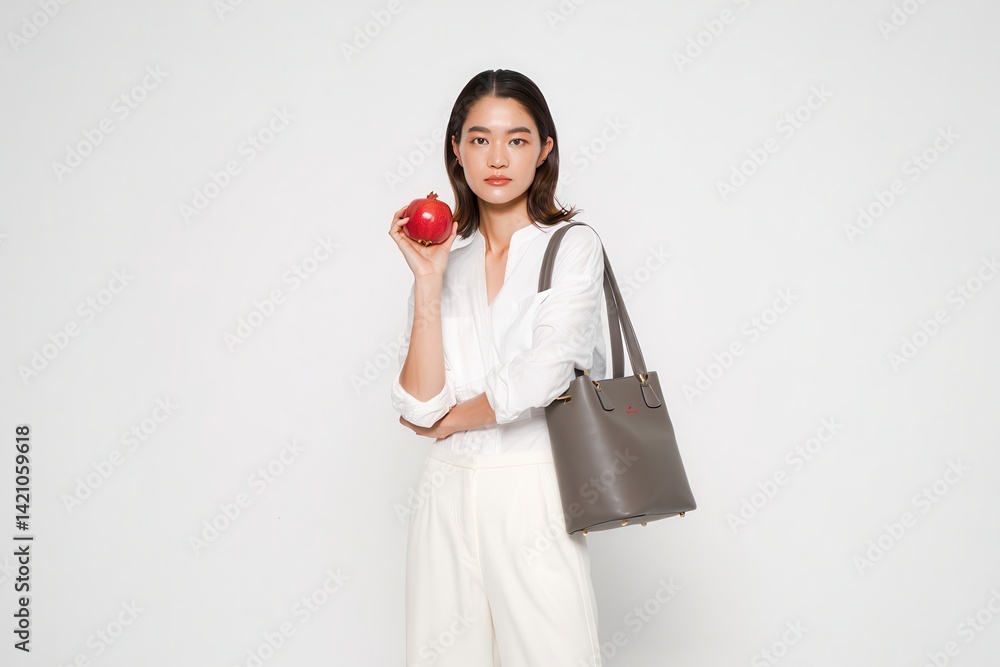 Beautiful young woman with nude color make-up wearing white pants and shirt and gray bag holding a pomegranate on white background Beautiful young woman with nude color make-up wearing white pants and shirt and gray bag holding a pomegranate on white background