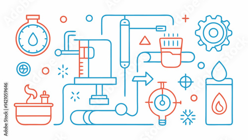 Line icon set of plumbing and heating concepts ideal for repair services, equipment manuals, and utility planning