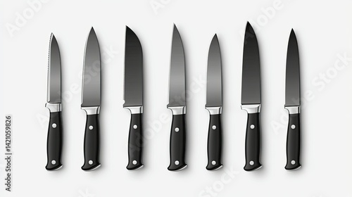 A set of seven kitchen knives of varying sizes arranged neatly on a clean white background, showcasing their sleek designs and sharp blades, ideal for culinary use and kitchen decor