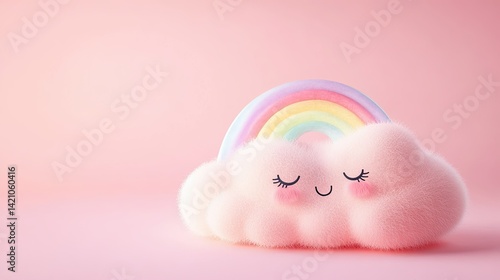 Wallpaper Mural A soft, fluffy pink cloud with a smiling face and closed eyes, adorned with a vibrant rainbow arching over it, set against a pastel pink background, evoking a whimsical and cheerful atmosphere Torontodigital.ca