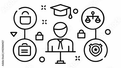 Line icons representing public services with themes of community support, safety, and governmental functionality