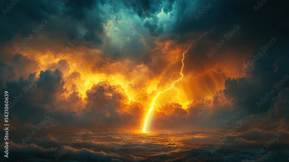 Fototapeta premium Fiery Tempest Over the Ocean: A Dramatic Lightning Storm