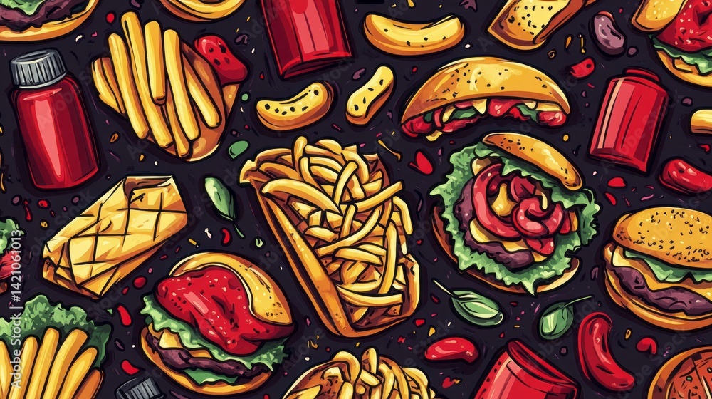 Naklejka premium Pattern features various fast food items on a dark background