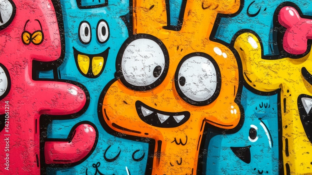 Obraz premium Colorful cartoon monster characters form an artful graffiti background