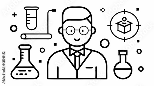 Science icons set in editable vector line design representing lab equipment molecules experiments and research tools ideal for scientific digital resources