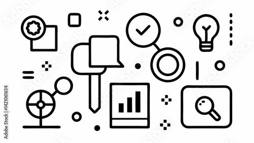 Search icons set in editable vector line style for search engines apps and websites with illustrations of magnifying glasses browser windows and search results
