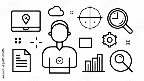 Search interface editable line vector icons showing search functionality user queries and digital exploration tools for apps search engines and websites