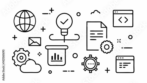 Search engine optimization editable icon set showing SEO tools data analysis graphs keywords and settings in a clean line vector format for digital marketing