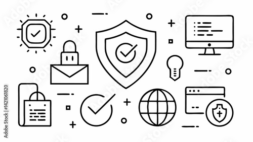 Security and protection icon set in editable line style showing locks shields secure devices and cybersecurity tools ideal for websites and digital apps