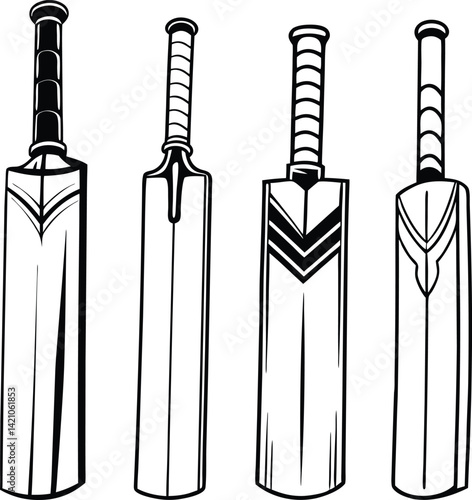 A vector graphic showcasing cricket bats, each in a side-view.