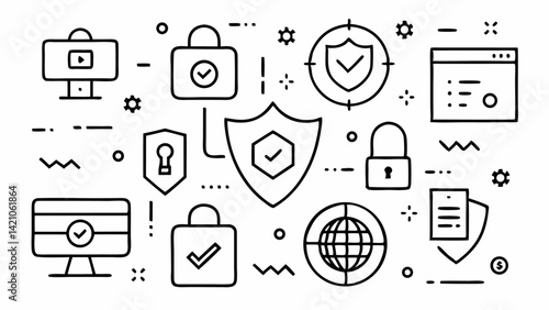 Security and protection vector icon collection in editable thin line style with elements like data locks network security and surveillance systems for UI use