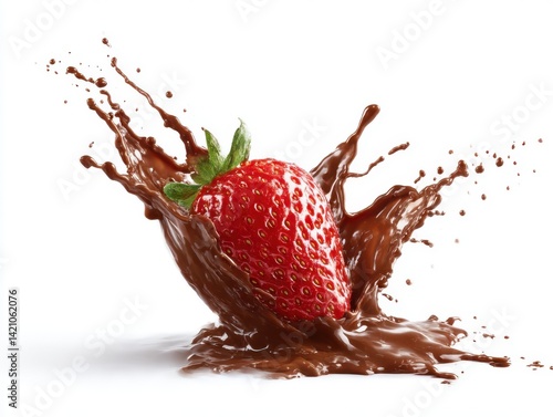 Fresh strawberry splashing into chocolate sauce isolated on white background