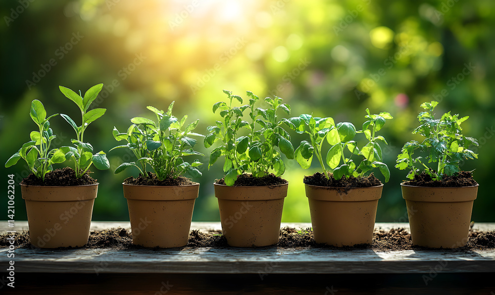 Five Green Herb Plants in Brown Terracotta Pots on Wooden Surface Five Green Herb Plants in Brown Terracotta Pots on Wooden Surface