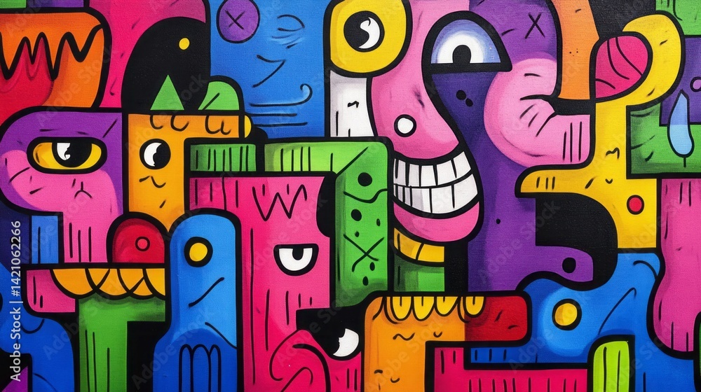 Colorful cartoon characters create an abstract playful and vibrant composition Colorful cartoon characters create an abstract playful and vibrant composition